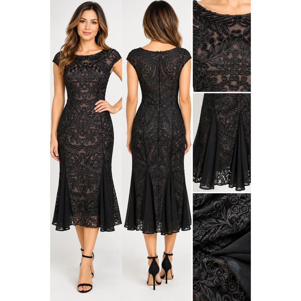 Alex Evenings Dress with Embroidered Mesh Overlay - Black 6P Wedding Whimsigoth